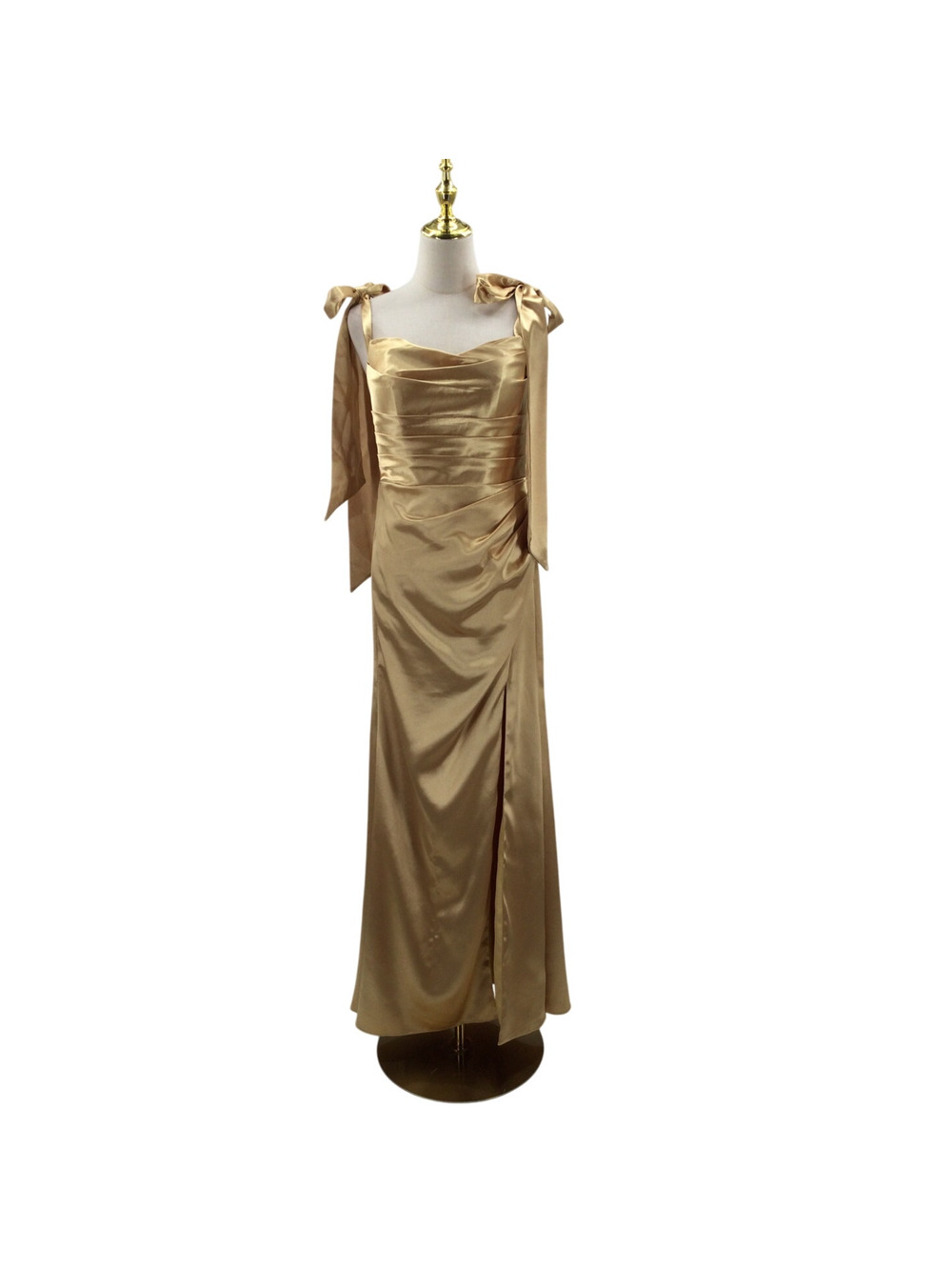 Gold Satin Maxi Dress with Shoulder Ties